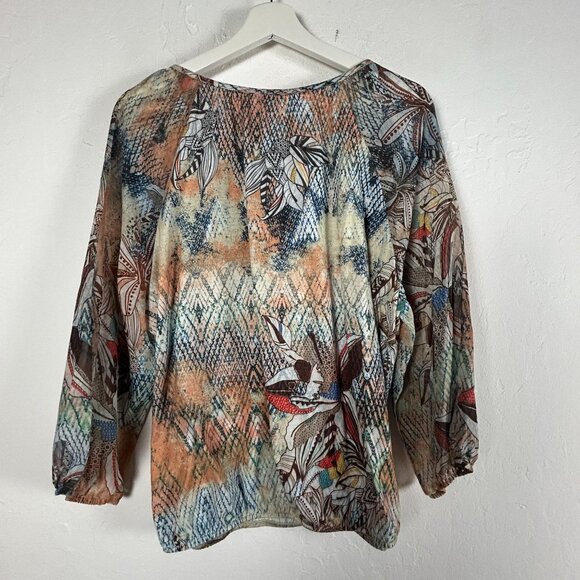 Chico's Womens Multicolor Printed 3/4 Sleeve Boho Peasant Blouse Size 2 Loose - Picture 2 of 9